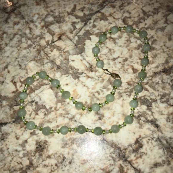 Vintage Gold Stone Jewelry Jade Pearl Peridot Beaded Necklace 14k G.S.J. - Picture 4 of 6
